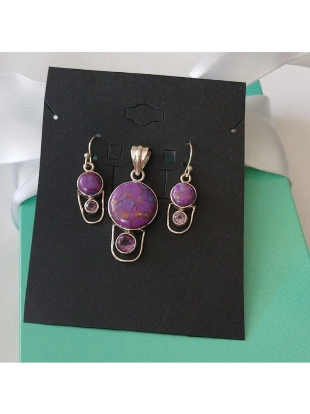 Round Purple Mojave Turquoise + Amethyst Pendant + Earrings Set Sterling Silver